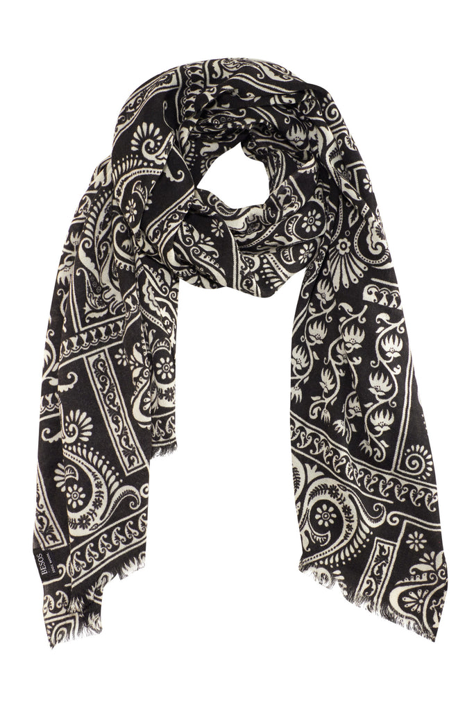 Black and white shawl / scarf with fine ornamental print